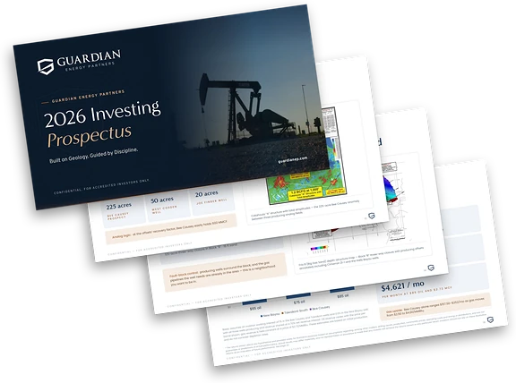 Pages from the Guardian Energy Partners 2026 Investing Prospectus, including the cover and two prospect maps