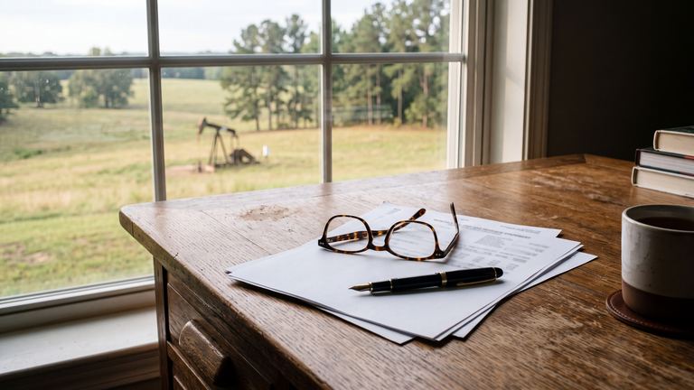 A monthly revenue statement, a pen and reading glasses on a wooden desk beside a window, with an oil pumpjack in a pasture outside