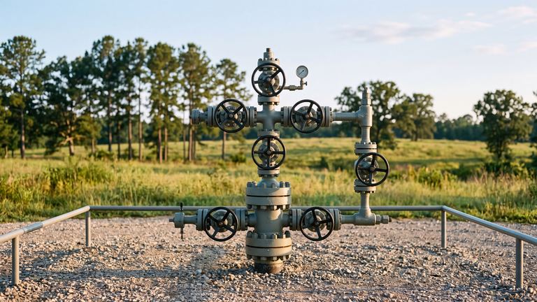 A new wellhead with valves and a pressure gauge on a tidy gravel pad, with pine trees behind