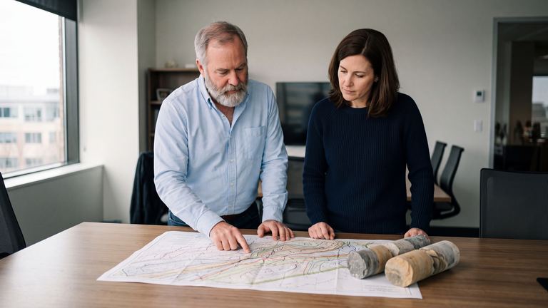 Two professionals reviewing a geologic contour map with rock core samples on the table